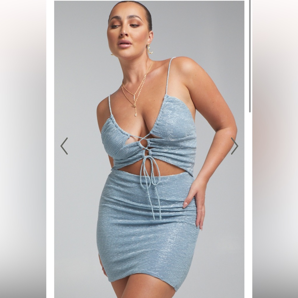 SHOWPO CRISS CROSS FRONT MINI DRESS IN STEEL BLUE